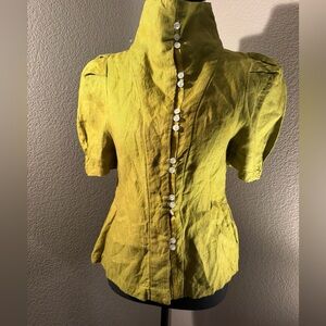 Jag Olive Green Short Sleeve Buttoned Linen-Blend Top
